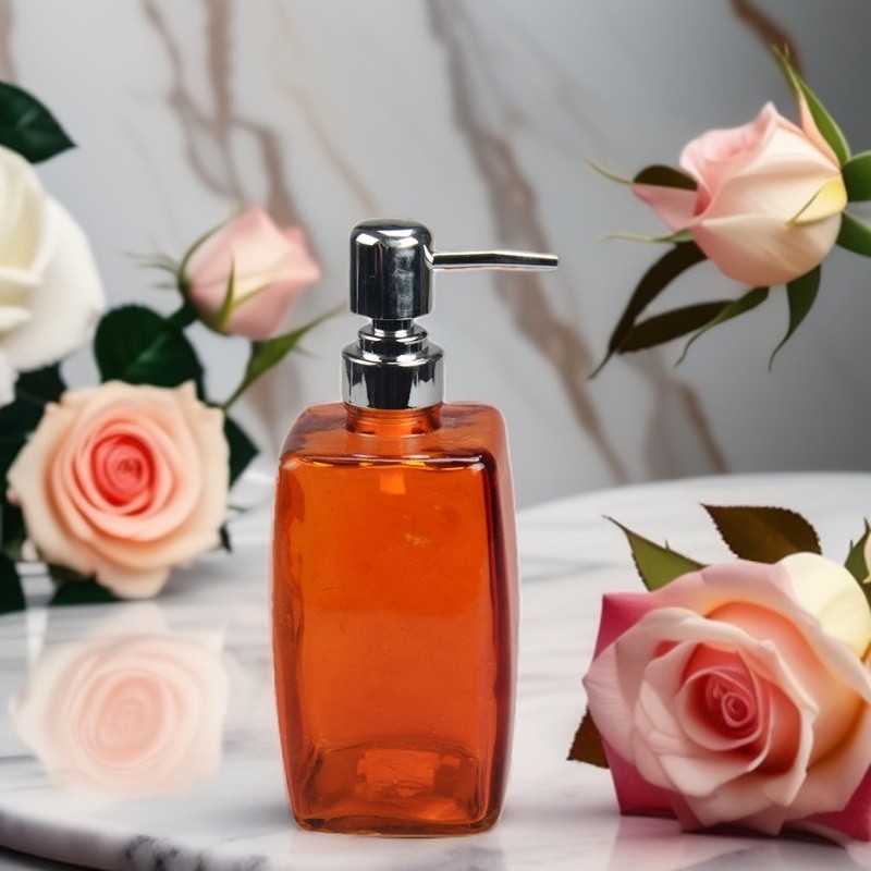 Orange Colored Glass Bathroom Soap Dispenser 575ML Square Glass Pump Bottles